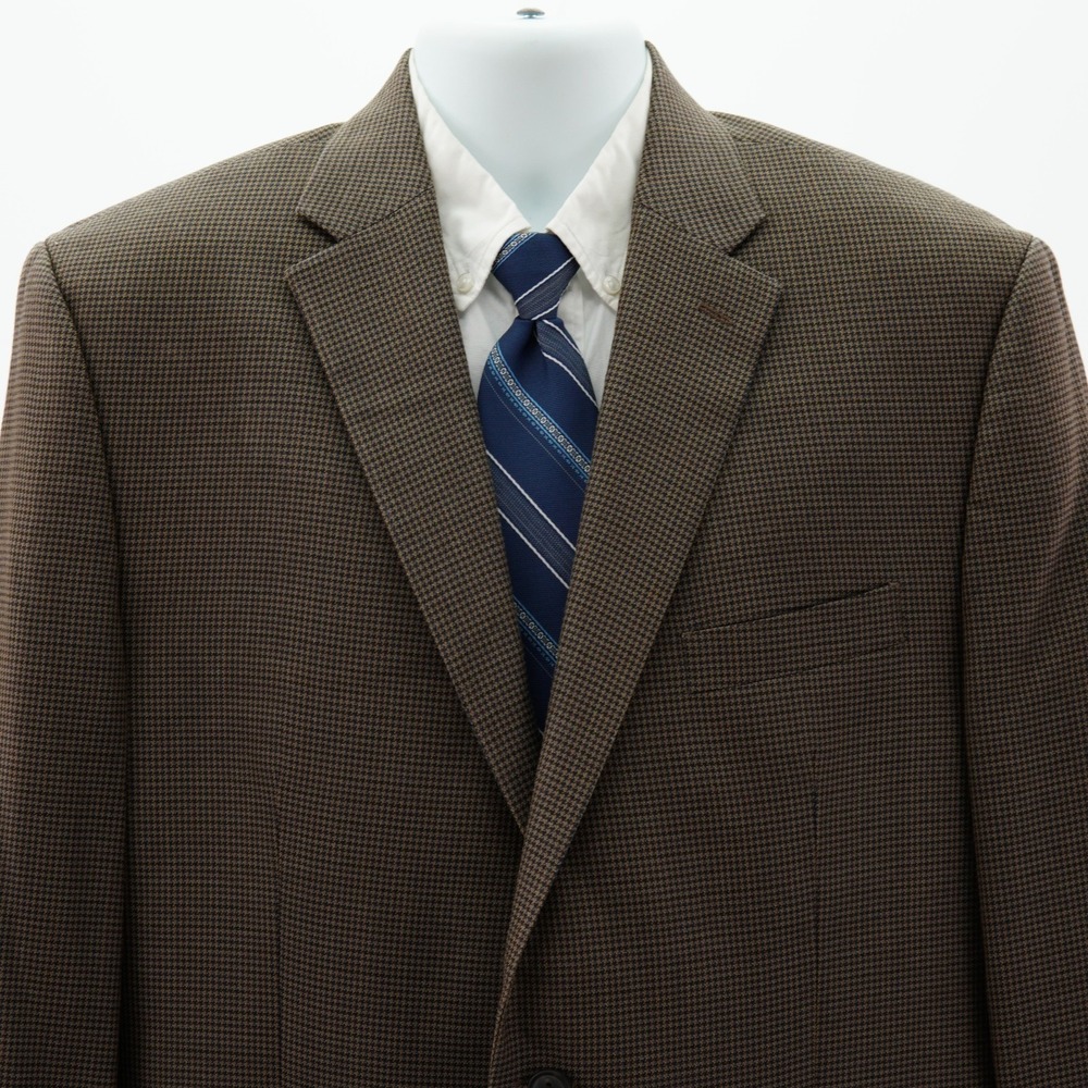 Lauren Ralph Lauren Men's Wool Silk Brown Tan Blue Check Houndstooth 42R Tag 44R